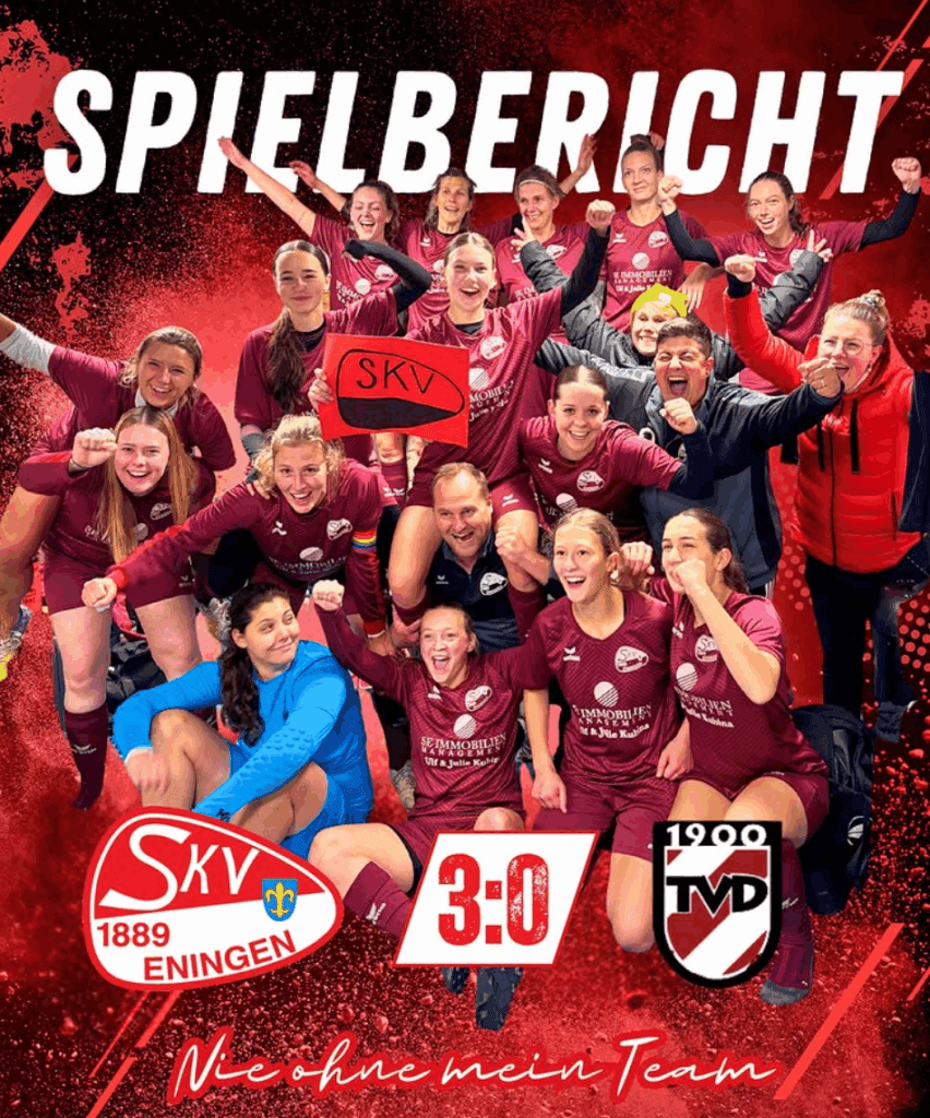 Spielbericht: Frauenfußball-Team des SKV Eningen feiert einen 3:0-Sieg gegen den TV Derendingen – jubelnde Mannschaft nach dem Erfolg.